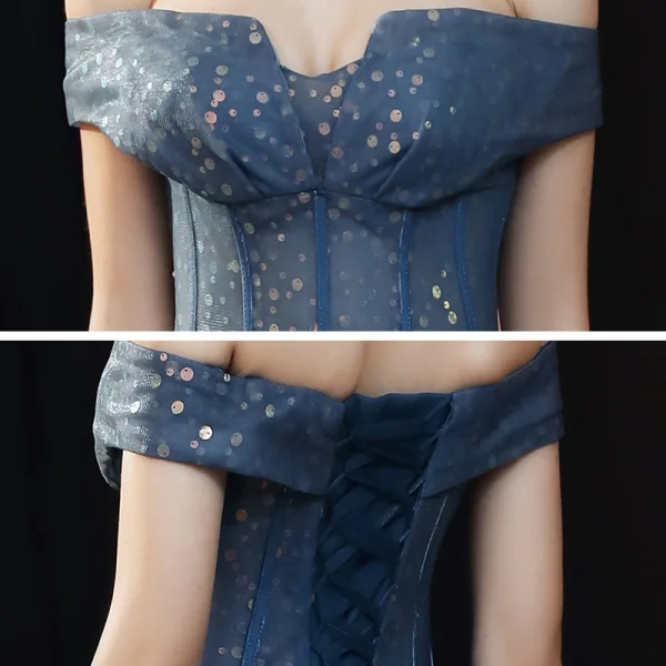 Bling Bling Meeresblau Tanzen Ballkleider 2021 A Linie Off Shoulder Kurze Ärmel Perlenstickerei Pailletten Lange Rüschen Rückenfreies Festliche Kleider