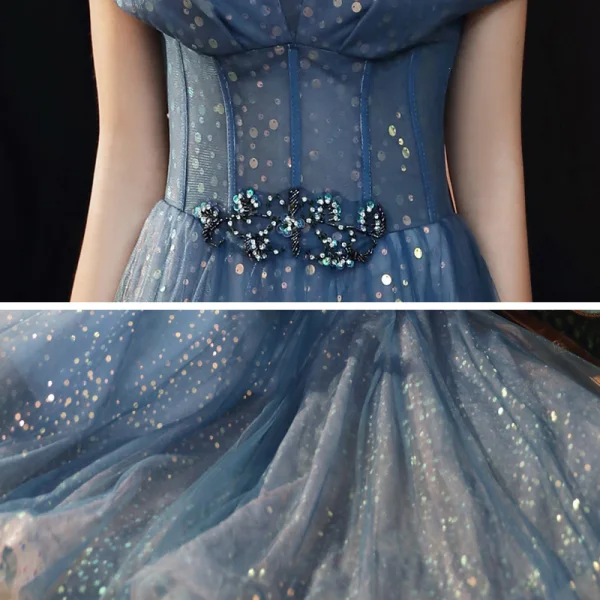 Bling Bling Meeresblau Tanzen Ballkleider 2021 A Linie Off Shoulder Kurze Ärmel Perlenstickerei Pailletten Lange Rüschen Rückenfreies Festliche Kleider
