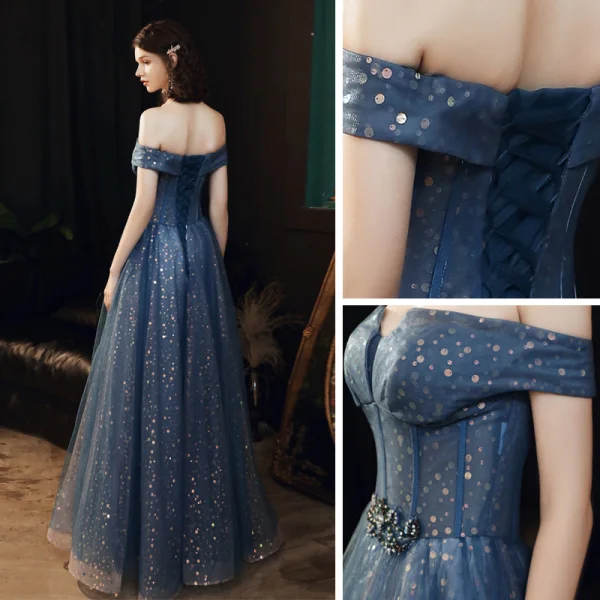 Bling Bling Meeresblau Tanzen Ballkleider 2021 A Linie Off Shoulder Kurze Ärmel Perlenstickerei Pailletten Lange Rüschen Rückenfreies Festliche Kleider