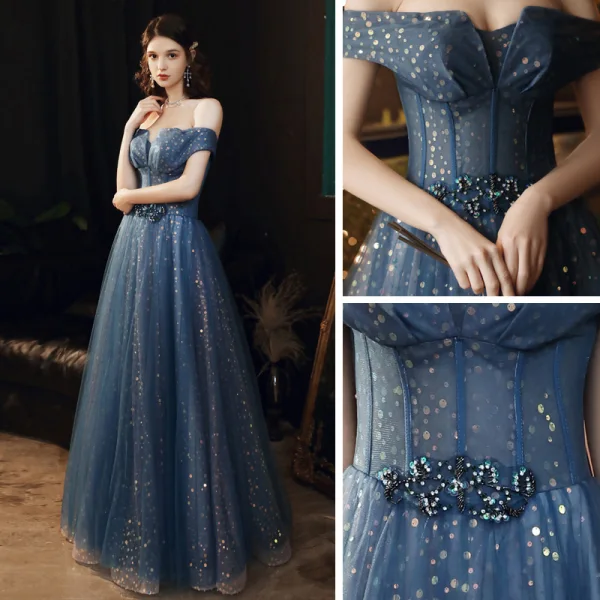 Bling Bling Meeresblau Tanzen Ballkleider 2021 A Linie Off Shoulder Kurze Ärmel Perlenstickerei Pailletten Lange Rüschen Rückenfreies Festliche Kleider