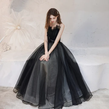 Elegant Black Dancing Prom Dresses 2021 A Line Princess Spaghetti Straps Sleeveless Glitter Tulle Floor Length Long Ruffle Backless Formal Dresses