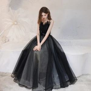 Elegant Black Dancing Prom Dresses 2021 A Line Princess Spaghetti Straps Sleeveless Glitter Tulle Floor Length Long Ruffle Backless Formal Dresses