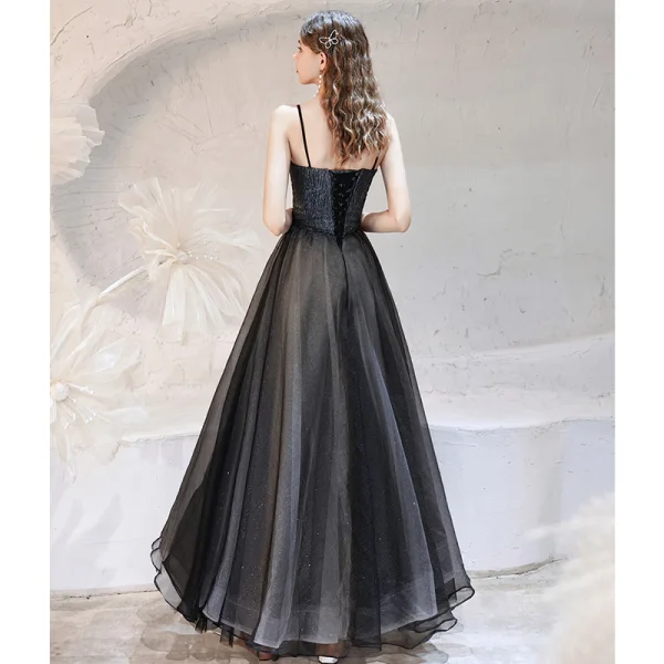 Elegant Black Dancing Prom Dresses 2021 A-Line / Princess Spaghetti Straps Sleeveless Glitter Tulle Floor-Length / Long Ruffle Backless Formal Dresses