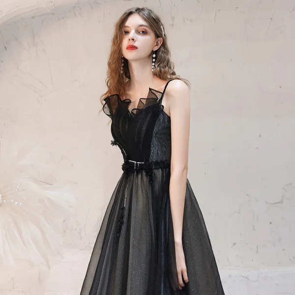 Elegant Black Dancing Prom Dresses 2021 A-Line / Princess Spaghetti Straps Sleeveless Glitter Tulle Floor-Length / Long Ruffle Backless Formal Dresses