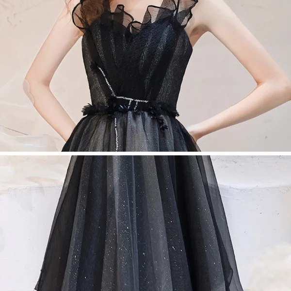 Elegant Black Dancing Prom Dresses 2021 A-Line / Princess Spaghetti Straps Sleeveless Glitter Tulle Floor-Length / Long Ruffle Backless Formal Dresses