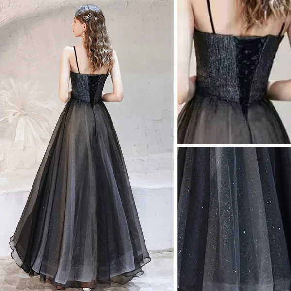 Elegant Black Dancing Prom Dresses 2021 A-Line / Princess Spaghetti Straps Sleeveless Glitter Tulle Floor-Length / Long Ruffle Backless Formal Dresses