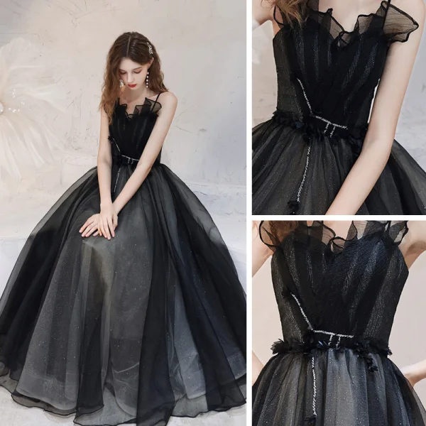 Elegant Black Dancing Prom Dresses 2021 A-Line / Princess Spaghetti Straps Sleeveless Glitter Tulle Floor-Length / Long Ruffle Backless Formal Dresses