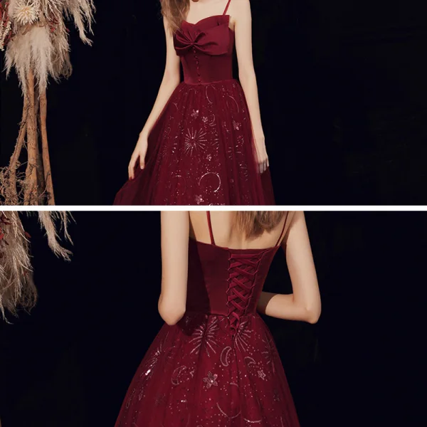 Bling Bling Burgunderrot Tanzen Ballkleider 2021 A Linie Spaghettiträger Ärmellos Pailletten Lange Rüschen Rückenfreies Festliche Kleider