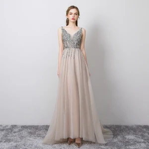 Illusion Grey See Through Prom Dresses 2021 A Line Princess V Neck Sleeveless Beading Sequins Split Front Sweep Train Ruffle Backless Formal Dresses