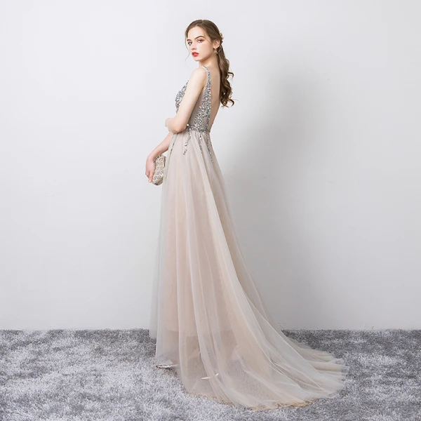 Illusion Grey See-through Prom Dresses 2021 A-Line / Princess V-Neck Sleeveless Beading Sequins Split Front Sweep Train Ruffle Backless Formal Dresses