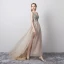 Illusion Grey See-through Prom Dresses 2021 A-Line / Princess V-Neck Sleeveless Beading Sequins Split Front Sweep Train Ruffle Backless Formal Dresses