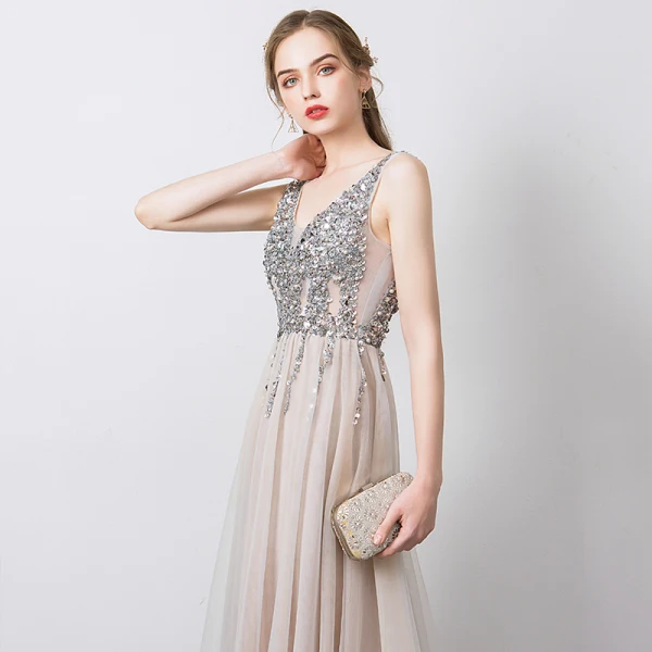 Illusion Grey See-through Prom Dresses 2021 A-Line / Princess V-Neck Sleeveless Beading Sequins Split Front Sweep Train Ruffle Backless Formal Dresses