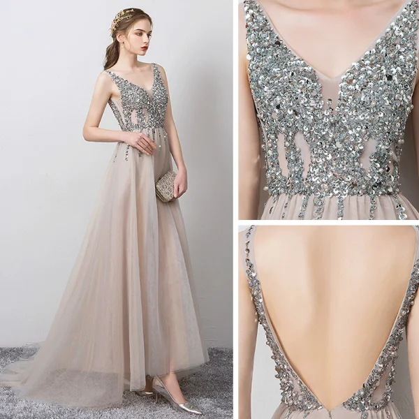 Illusion Grey See-through Prom Dresses 2021 A-Line / Princess V-Neck Sleeveless Beading Sequins Split Front Sweep Train Ruffle Backless Formal Dresses