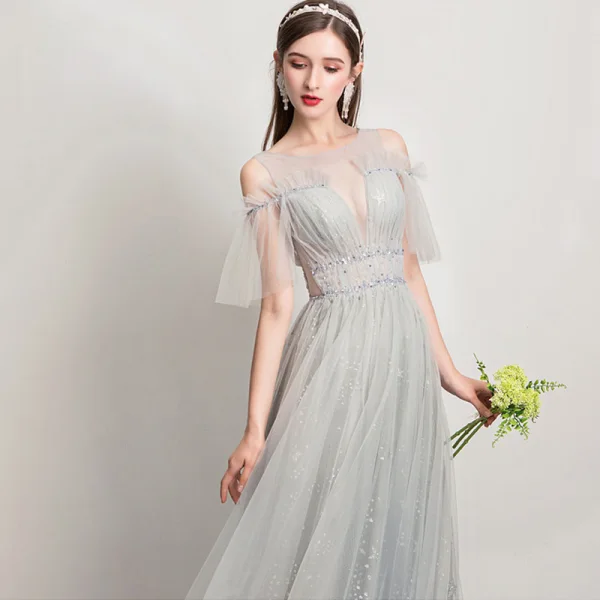 Elegante Meeresblau Ballkleider 2021 A Linie Durchsichtige Off Shoulder Kurze Ärmel Perlenstickerei Pailletten Sweep / Pinsel Zug Rüschen Rückenfreies Festliche Kleider
