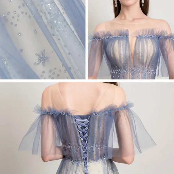 Elegante Meeresblau Ballkleider 2021 A Linie Durchsichtige Off Shoulder Kurze Ärmel Perlenstickerei Pailletten Sweep / Pinsel Zug Rüschen Rückenfreies Festliche Kleider