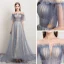 Elegante Meeresblau Ballkleider 2021 A Linie Durchsichtige Off Shoulder Kurze Ärmel Perlenstickerei Pailletten Sweep / Pinsel Zug Rüschen Rückenfreies Festliche Kleider