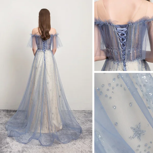 Elegante Meeresblau Ballkleider 2021 A Linie Durchsichtige Off Shoulder Kurze Ärmel Perlenstickerei Pailletten Sweep / Pinsel Zug Rüschen Rückenfreies Festliche Kleider