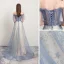 Elegante Meeresblau Ballkleider 2021 A Linie Durchsichtige Off Shoulder Kurze Ärmel Perlenstickerei Pailletten Sweep / Pinsel Zug Rüschen Rückenfreies Festliche Kleider