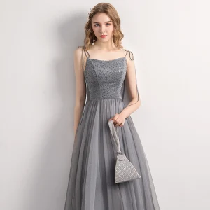 Chic Beautiful Grey Dancing Prom Dresses 2021 A Line Princess Spaghetti Straps Sleeveless Beading Ankle Length Ruffle Backless Formal Dresses