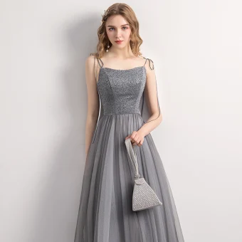 Chic Beautiful Grey Dancing Prom Dresses 2021 A Line Princess Spaghetti Straps Sleeveless Beading Ankle Length Ruffle Backless Formal Dresses