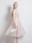 Chic / Beautiful Beige Homecoming Graduation Dresses 2021 A-Line / Princess V-Neck Sleeveless Appliques Lace Beading Sash Knee-Length Ruffle Backless Formal Dresses