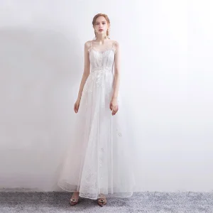 Élégant Blanche Dansant Robe De Bal 2021 Princesse Bretelles Spaghetti Sans Manches Appliques En Dentelle Longueur Cheville Volants Dos Nu Robe De Ceremonie