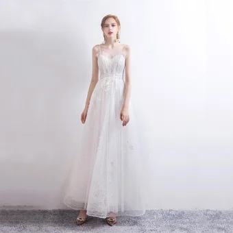 Elegant White Dancing Prom Dresses 2021 A Line Princess Spaghetti Straps Sleeveless Appliques Lace Ankle Length Ruffle Backless Formal Dresses