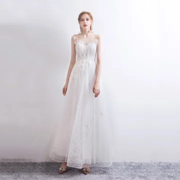 Elegant White Dancing Prom Dresses 2021 A Line Princess Spaghetti Straps Sleeveless Appliques Lace Ankle Length Ruffle Backless Formal Dresses