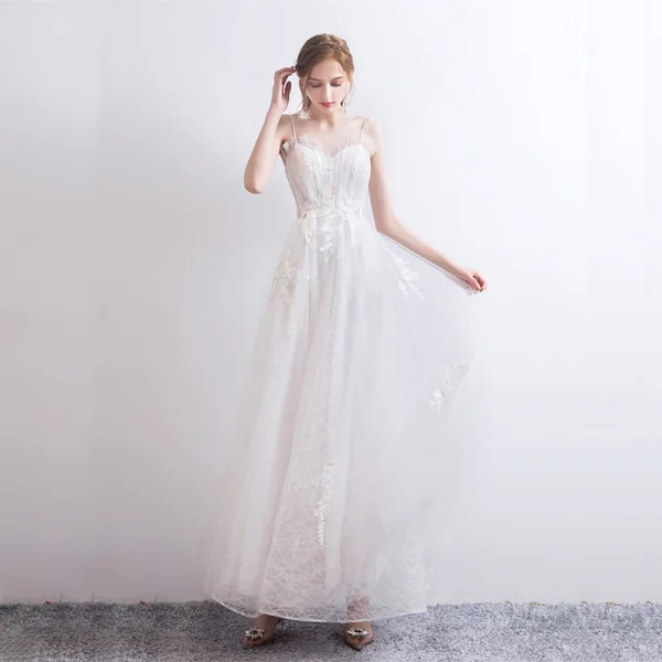Elegant White Dancing Prom Dresses 2021 A-Line / Princess Spaghetti Straps Sleeveless Appliques Lace Ankle Length Ruffle Backless Formal Dresses