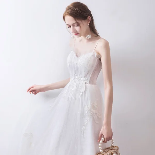 Elegant White Dancing Prom Dresses 2021 A-Line / Princess Spaghetti Straps Sleeveless Appliques Lace Ankle Length Ruffle Backless Formal Dresses