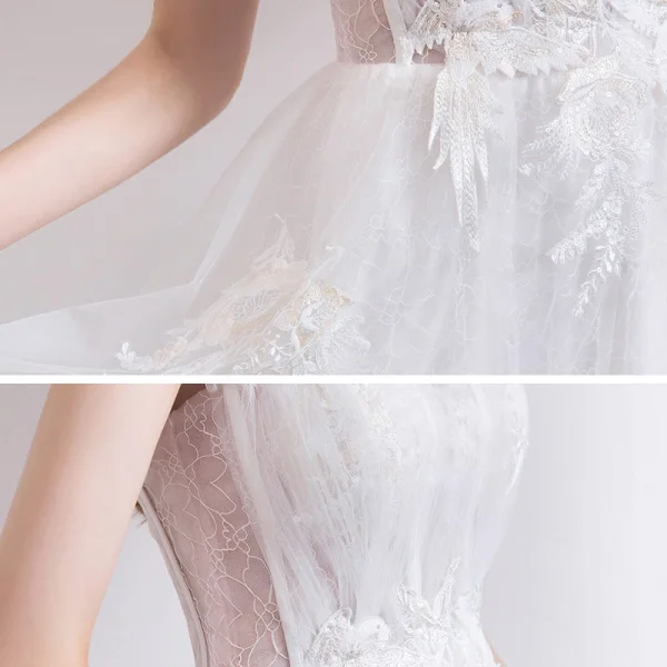 Elegant White Dancing Prom Dresses 2021 A-Line / Princess Spaghetti Straps Sleeveless Appliques Lace Ankle Length Ruffle Backless Formal Dresses