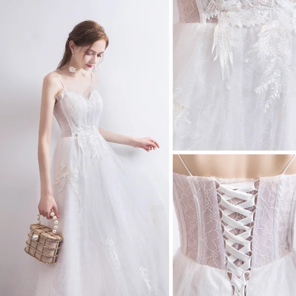 Elegant White Dancing Prom Dresses 2021 A-Line / Princess Spaghetti Straps Sleeveless Appliques Lace Ankle Length Ruffle Backless Formal Dresses