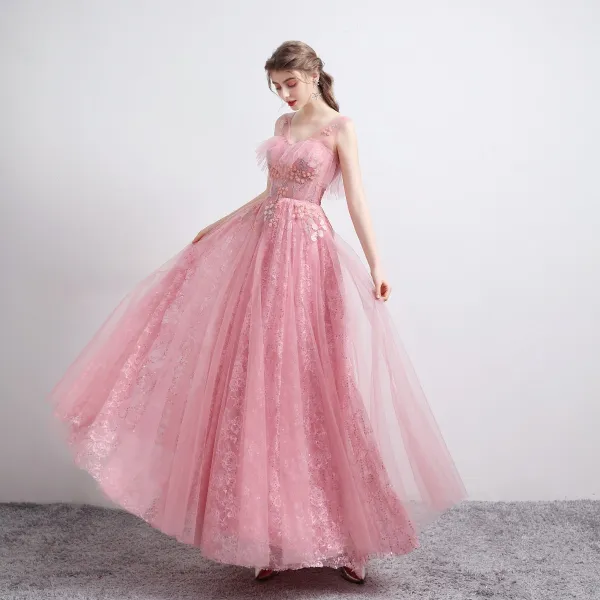 Fashion Candy Pink Prom Dresses 2021 A-Line / Princess See-through V-Neck Sleeveless Appliques Sequins Beading Floor-Length / Long Ruffle Backless Formal Dresses
