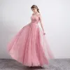 Mode Pink Ballkleider 2021 A Linie Durchsichtige V-Ausschnitt Ärmellos Applikationen Pailletten Perlenstickerei Lange Rüschen Rückenfreies Festliche Kleider