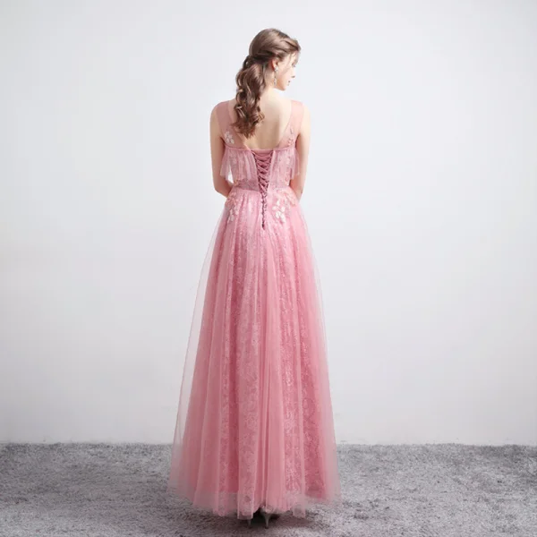 Mode Rose Bonbon Robe De Bal 2021 Princesse Transparentes V-Cou Sans Manches Appliques Paillettes Perlage Longue Volants Dos Nu Robe De Ceremonie