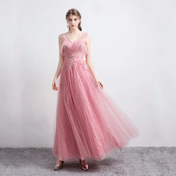 Mode Rose Bonbon Robe De Bal 2021 Princesse Transparentes V-Cou Sans Manches Appliques Paillettes Perlage Longue Volants Dos Nu Robe De Ceremonie