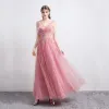 Fashion Candy Pink Prom Dresses 2021 A-Line / Princess See-through V-Neck Sleeveless Appliques Sequins Beading Floor-Length / Long Ruffle Backless Formal Dresses
