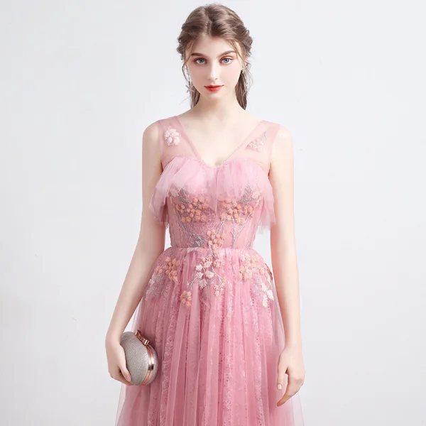 Mode Rose Bonbon Robe De Bal 2021 Princesse Transparentes V-Cou Sans Manches Appliques Paillettes Perlage Longue Volants Dos Nu Robe De Ceremonie