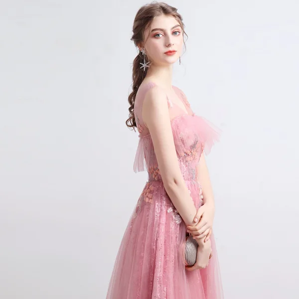 Mode Rose Bonbon Robe De Bal 2021 Princesse Transparentes V-Cou Sans Manches Appliques Paillettes Perlage Longue Volants Dos Nu Robe De Ceremonie