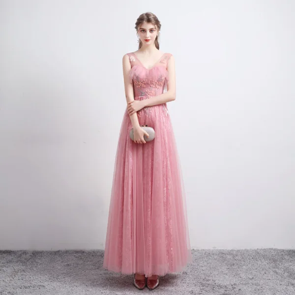 Mode Rose Bonbon Robe De Bal 2021 Princesse Transparentes V-Cou Sans Manches Appliques Paillettes Perlage Longue Volants Dos Nu Robe De Ceremonie