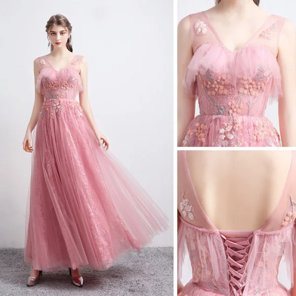Mode Rose Bonbon Robe De Bal 2021 Princesse Transparentes V-Cou Sans Manches Appliques Paillettes Perlage Longue Volants Dos Nu Robe De Ceremonie