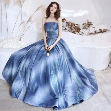 Fint Ocean Blå Balklänningar 2021 Prinsessa Axelbandslös Ärmlös Glittriga Glitter Polyester Långa Ruffle Halterneck Formella Klänningar