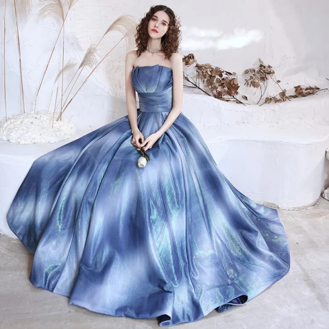 Fancy Hav Blå Ballkjoler 2021 Prinsesse Strapless Uten Ermer Glitter Polyester Lange Buste Ryggløse Formelle Kjoler