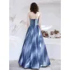 Fancy Ocean Blue Prom Dresses 2021 A-Line / Princess Strapless Sleeveless Glitter Polyester Floor-Length / Long Ruffle Backless Formal Dresses