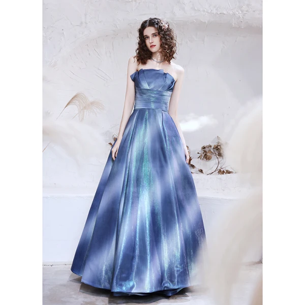 Schick Meeresblau Ballkleider 2021 A Linie Bandeau Ärmellos Glanz Polyester Lange Rüschen Rückenfreies Festliche Kleider