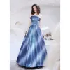 Fancy Ocean Blue Prom Dresses 2021 A-Line / Princess Strapless Sleeveless Glitter Polyester Floor-Length / Long Ruffle Backless Formal Dresses