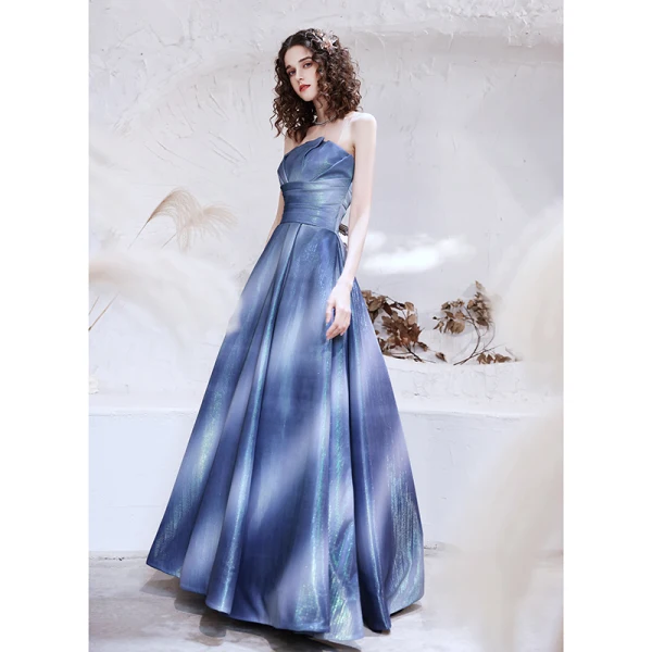 Schick Meeresblau Ballkleider 2021 A Linie Bandeau Ärmellos Glanz Polyester Lange Rüschen Rückenfreies Festliche Kleider