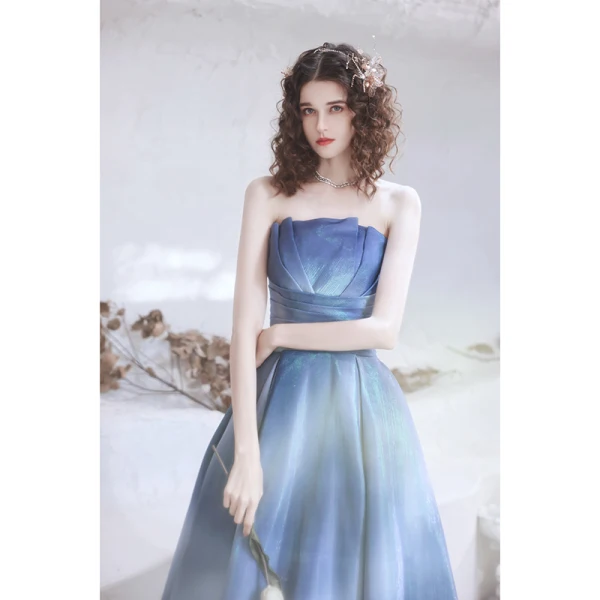 Schick Meeresblau Ballkleider 2021 A Linie Bandeau Ärmellos Glanz Polyester Lange Rüschen Rückenfreies Festliche Kleider