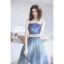 Schick Meeresblau Ballkleider 2021 A Linie Bandeau Ärmellos Glanz Polyester Lange Rüschen Rückenfreies Festliche Kleider