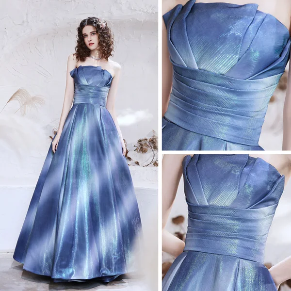 Schick Meeresblau Ballkleider 2021 A Linie Bandeau Ärmellos Glanz Polyester Lange Rüschen Rückenfreies Festliche Kleider